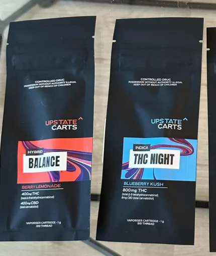 510 Upstate Carts 1gramBrand: UPSTATE CARTS Potency: 800mg | 1 Gram 510 threaded Flavors: Flavors: Berry Lemonade (Hybrid) 400mg Delta 9 THC + 400mg CBD | Blueberry Kush (Indica) 800mg THC